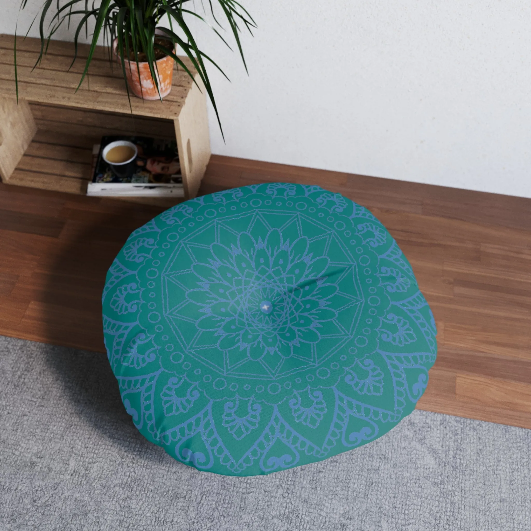 Handmade Mandala Art Tufted Floor Pillow - Steel Blue on Teal Background
