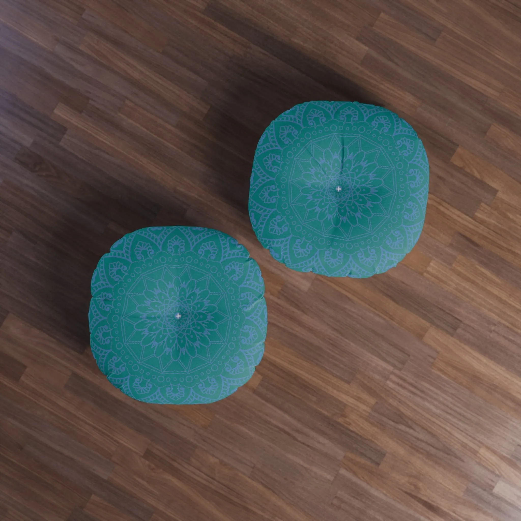 Handmade Mandala Art Tufted Floor Pillow - Steel Blue on Teal Background