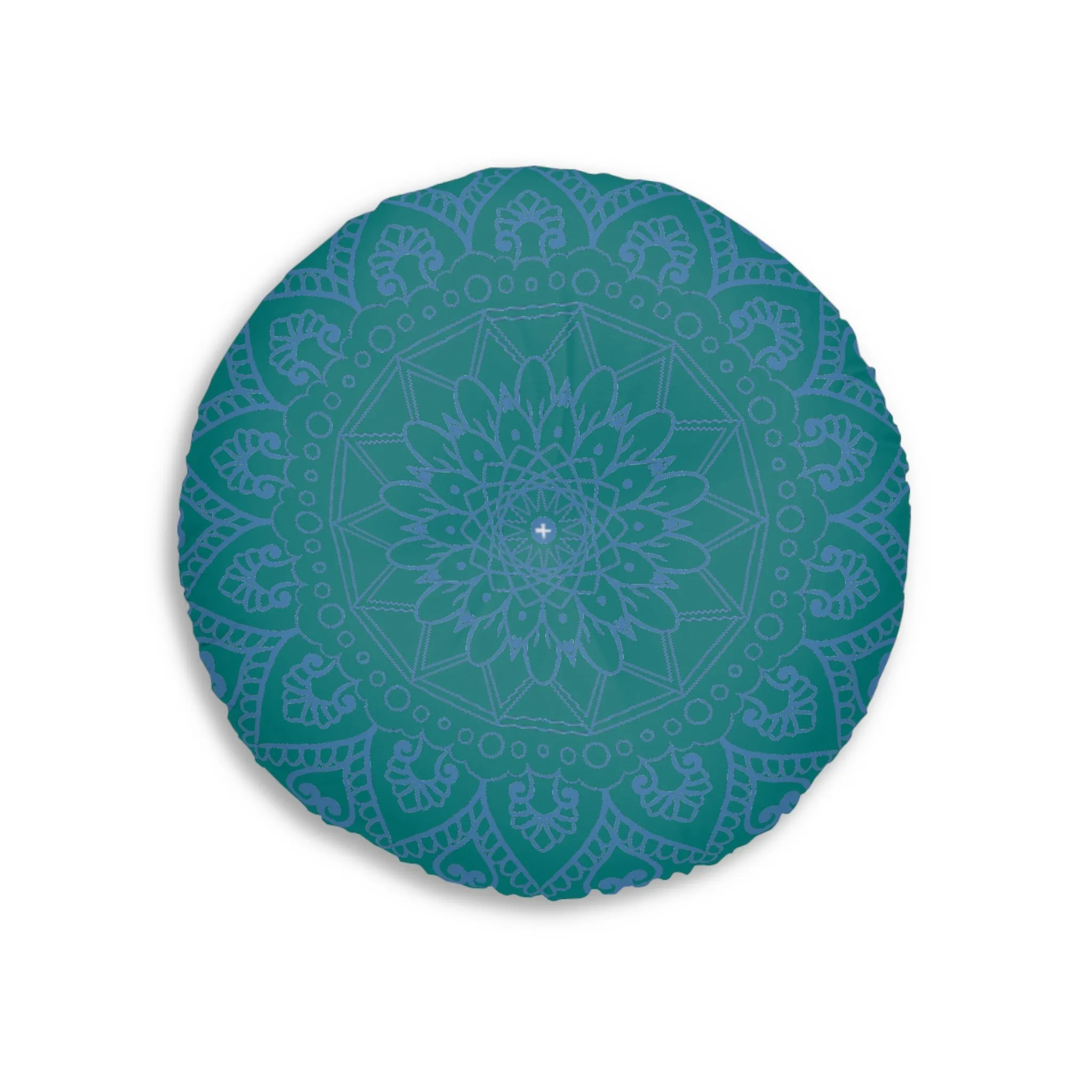 Handmade Mandala Art Tufted Floor Pillow - Steel Blue on Teal Background