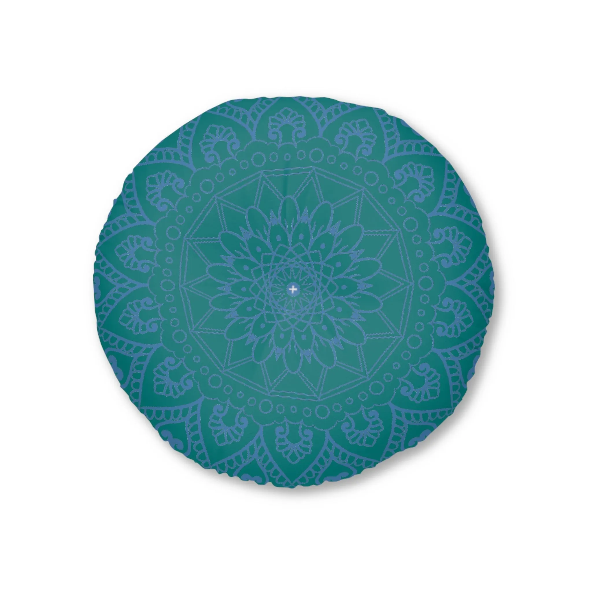 Handmade Mandala Art Tufted Floor Pillow - Steel Blue on Teal Background