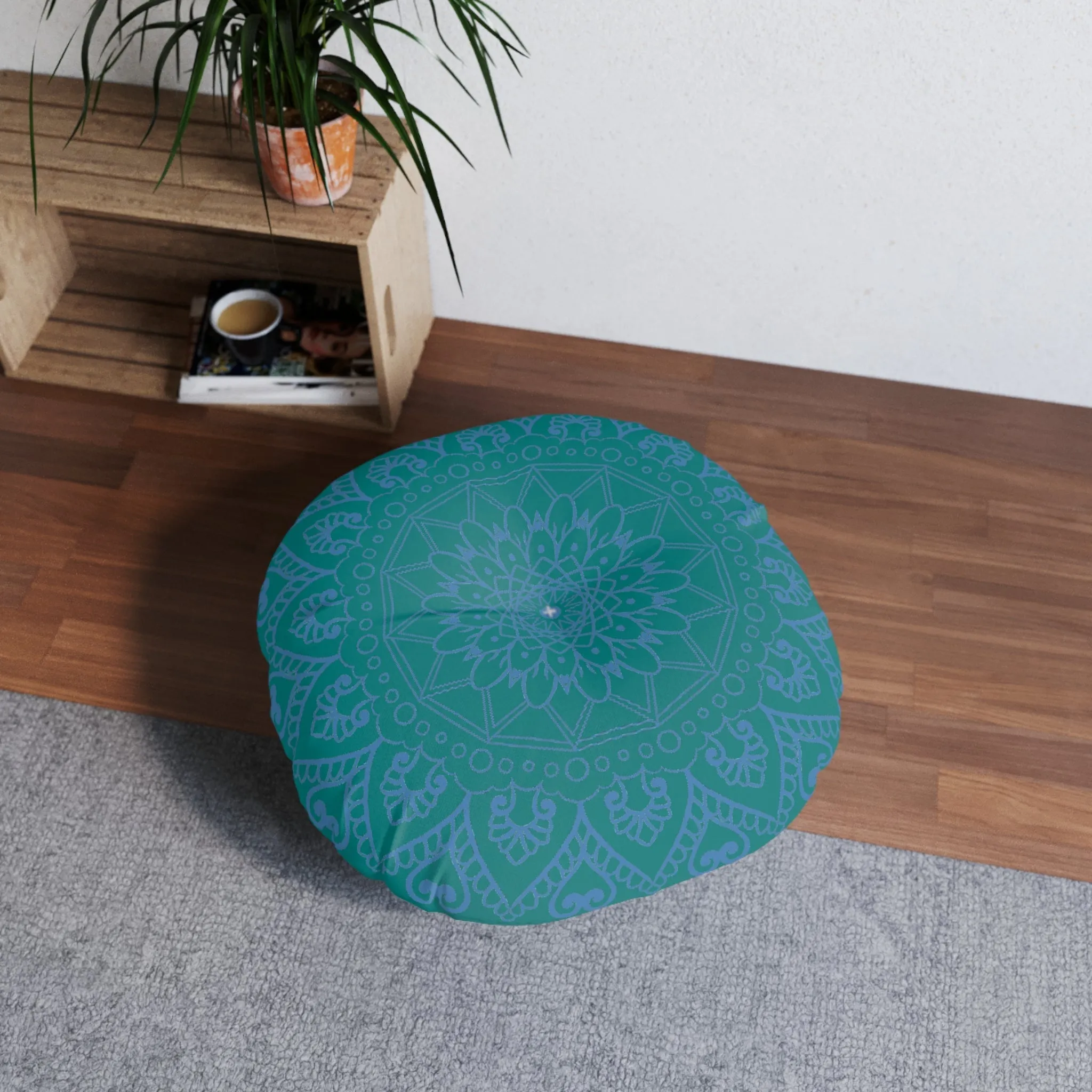 Handmade Mandala Art Tufted Floor Pillow - Steel Blue on Teal Background