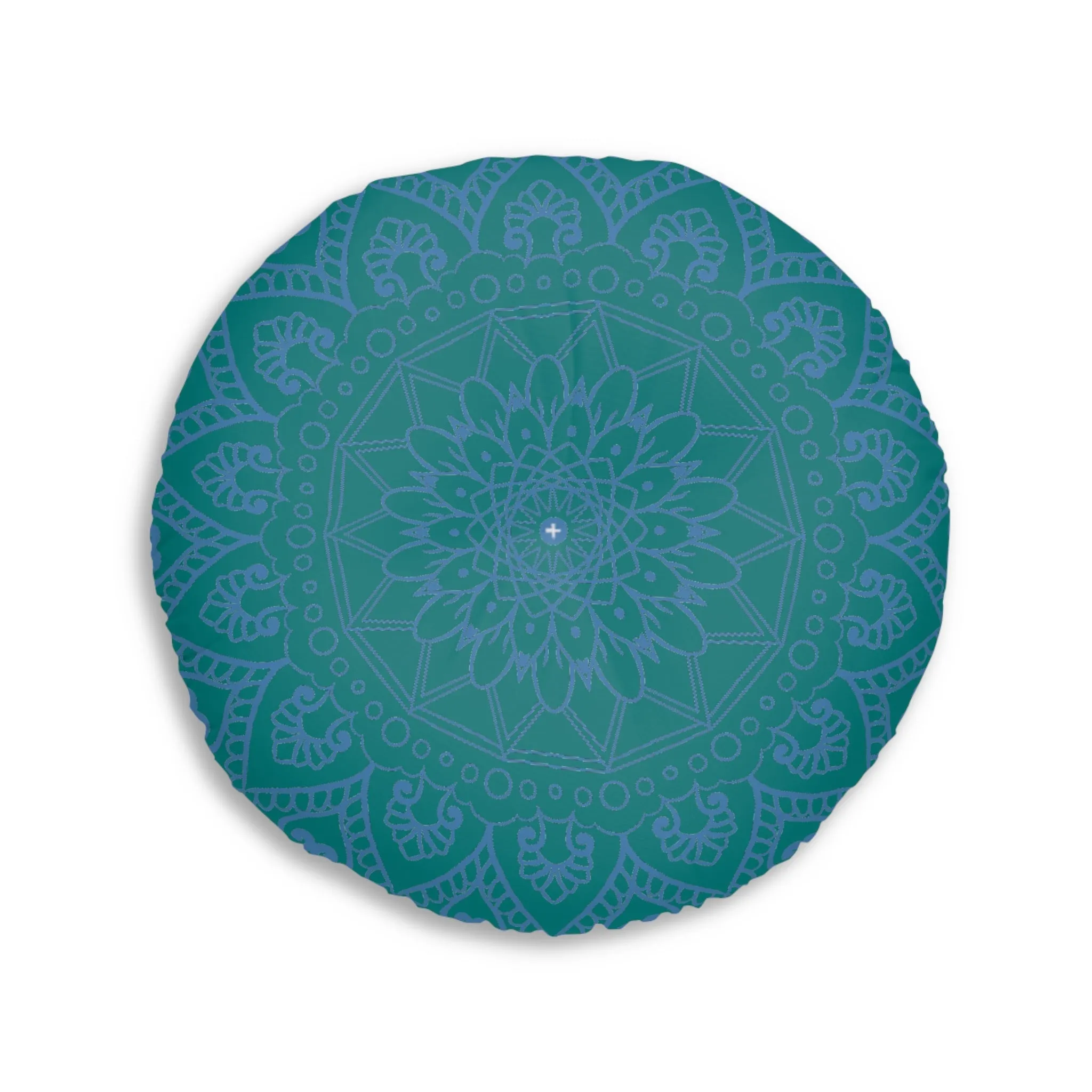Handmade Mandala Art Tufted Floor Pillow - Steel Blue on Teal Background