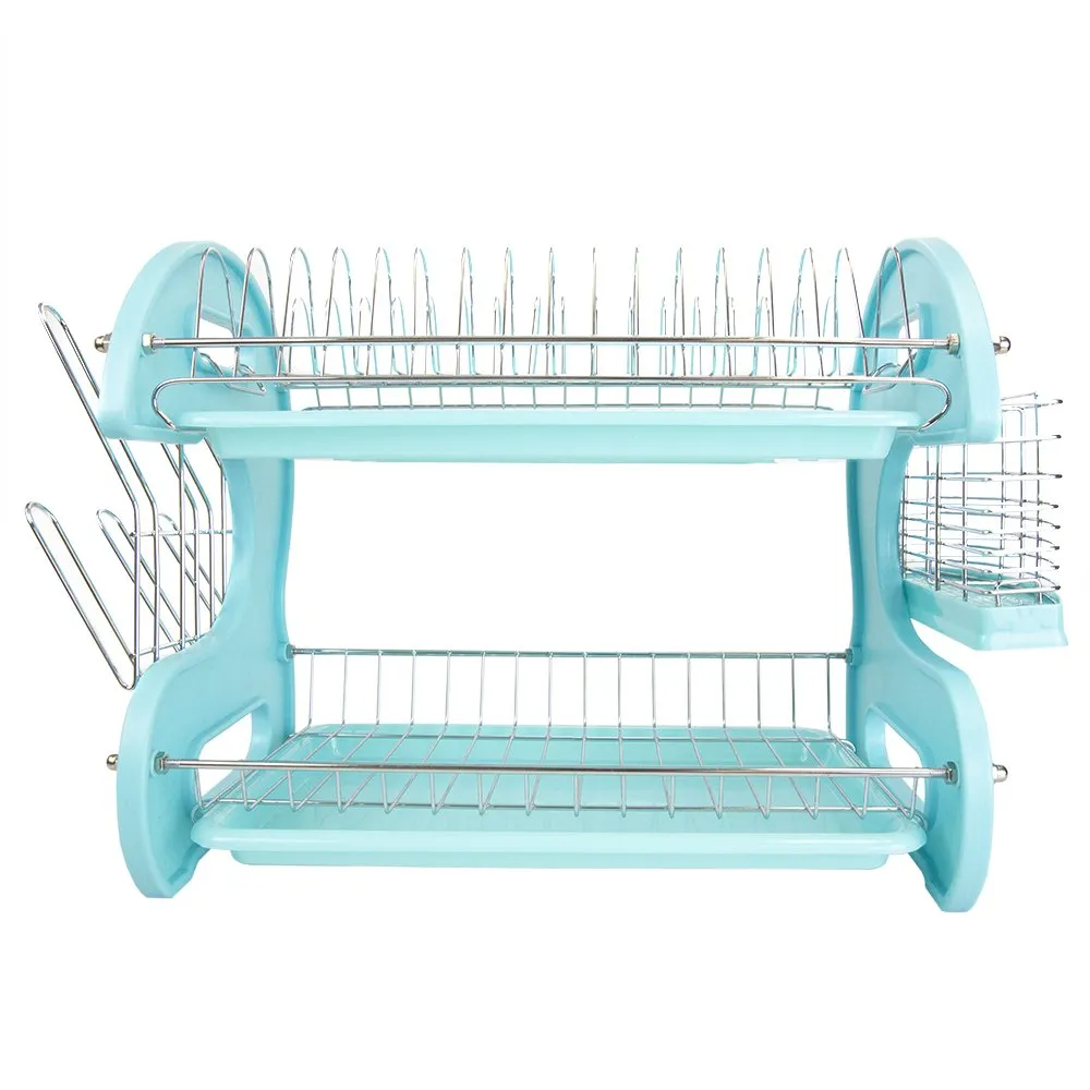 Home Basics 2 Tier Dish Drainer (Turquoise) Dish Rack for Kitchen Counter, with Cutlery Holder and Cup Slots
