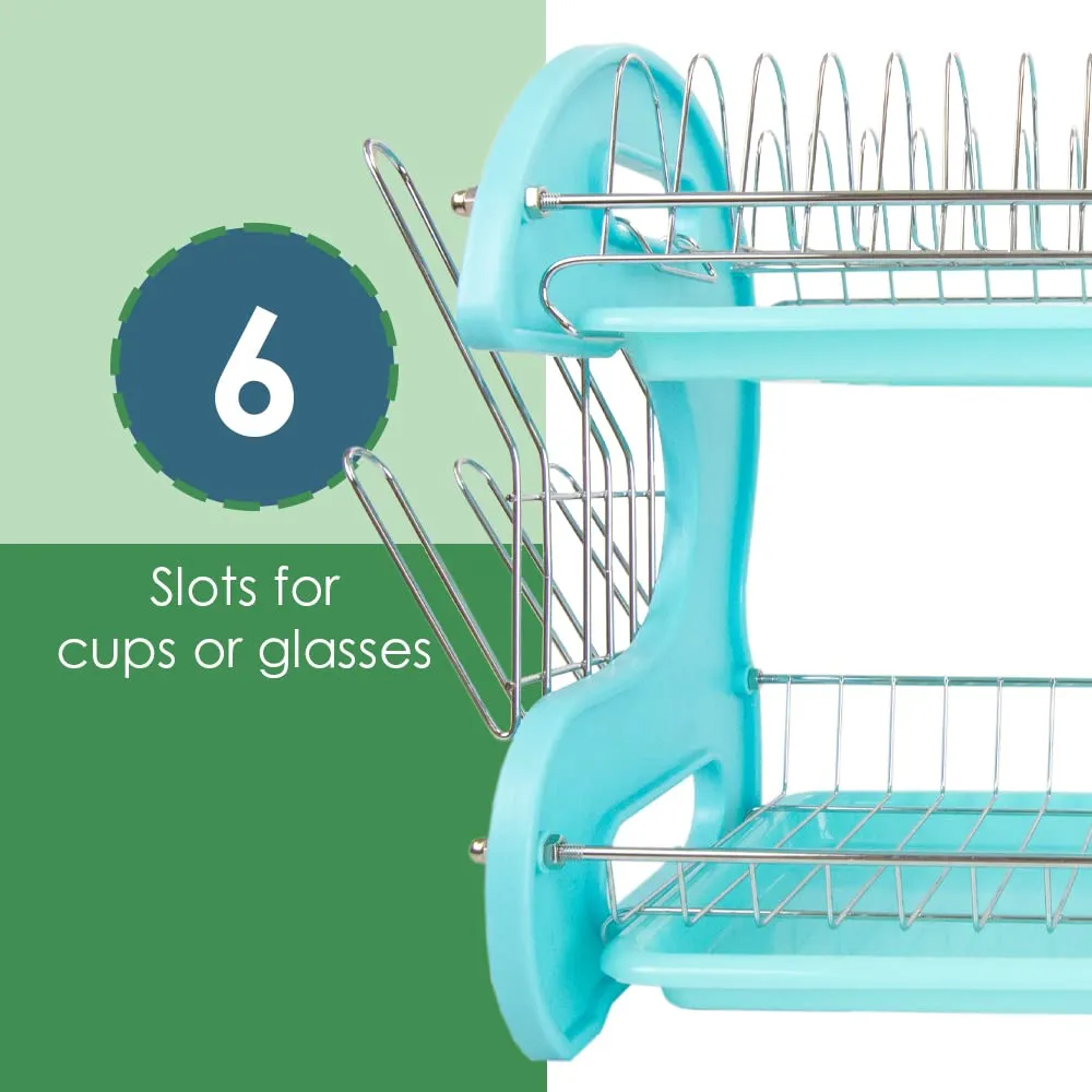 Home Basics 2 Tier Dish Drainer (Turquoise) Dish Rack for Kitchen Counter, with Cutlery Holder and Cup Slots