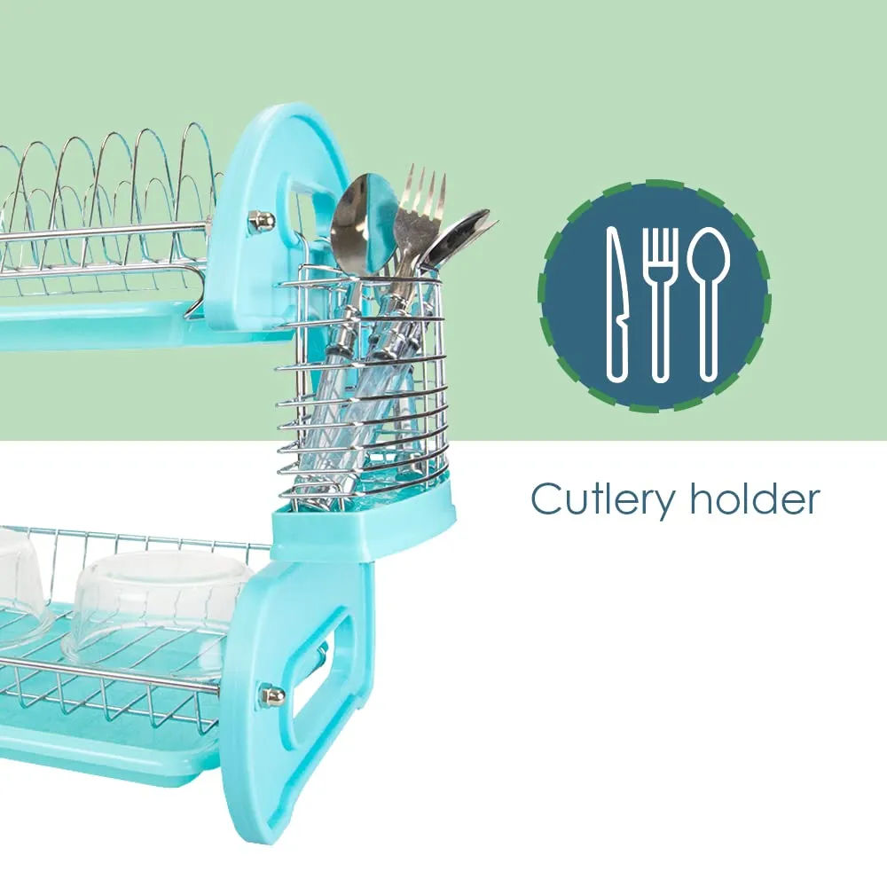 Home Basics 2 Tier Dish Drainer (Turquoise) Dish Rack for Kitchen Counter, with Cutlery Holder and Cup Slots