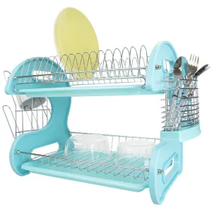 Home Basics 2 Tier Dish Drainer (Turquoise) Dish Rack for Kitchen Counter, with Cutlery Holder and Cup Slots