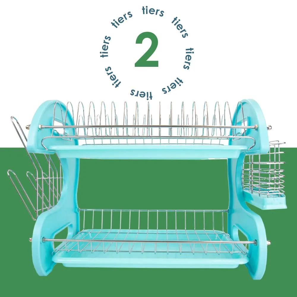 Home Basics 2 Tier Dish Drainer (Turquoise) Dish Rack for Kitchen Counter, with Cutlery Holder and Cup Slots