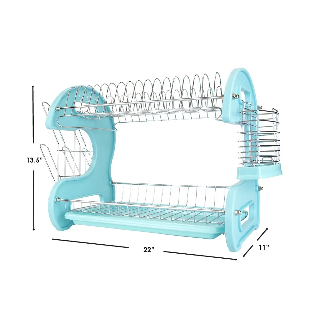 Home Basics 2 Tier Dish Drainer (Turquoise) Dish Rack for Kitchen Counter, with Cutlery Holder and Cup Slots