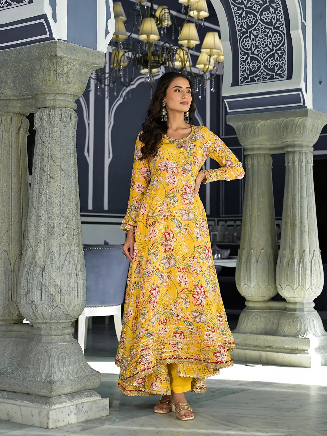 Jashvi Yellow Floral Printed Anarkali Muslin Kurta Trouser with Dupatta Set