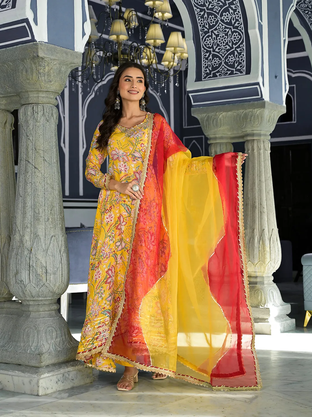 Jashvi Yellow Floral Printed Anarkali Muslin Kurta Trouser with Dupatta Set