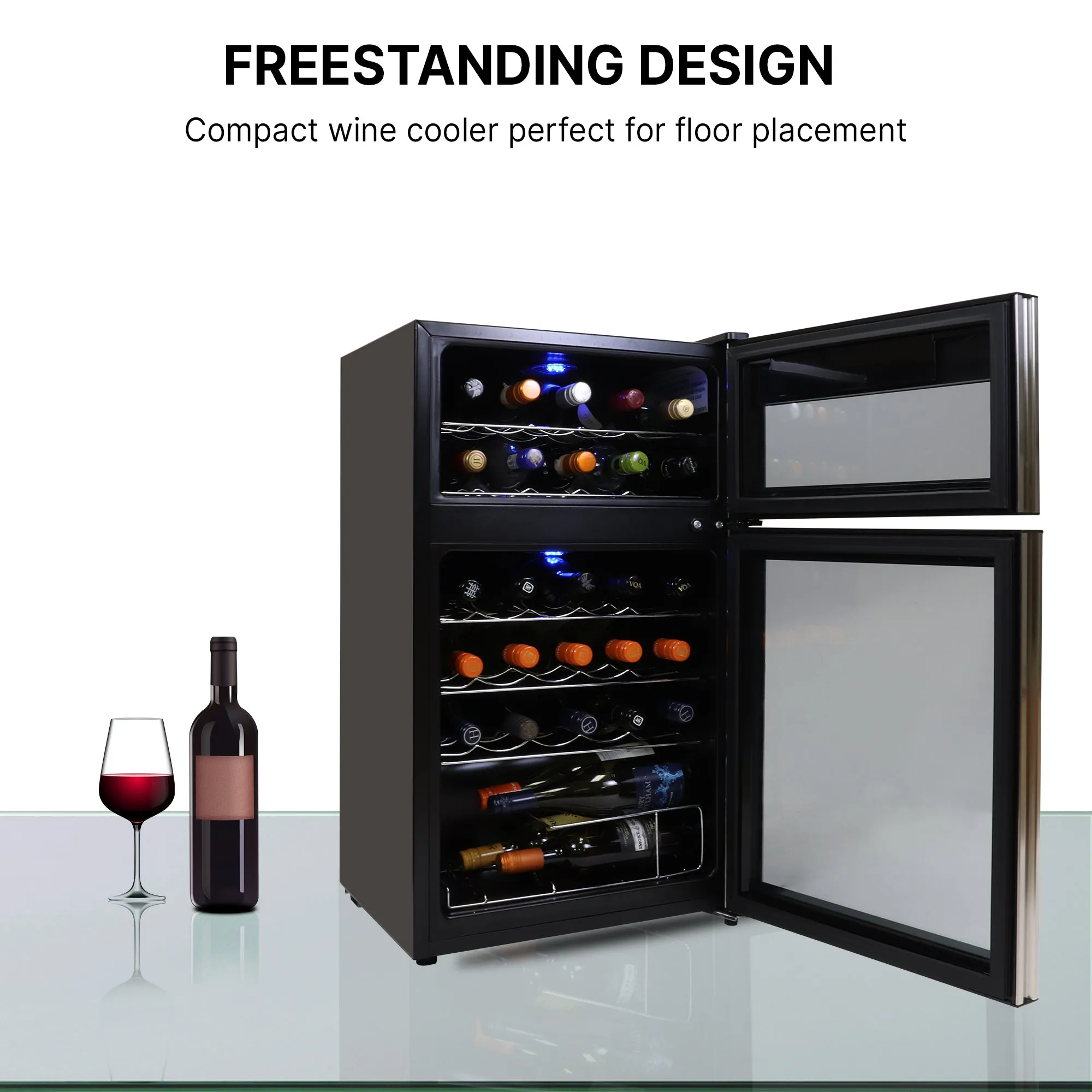 Koolatron 29 Bottle Dual Zone Wine Cooler, Black, 3 cu ft (86L) Compressor Wine Fridge, Freestanding Wine Cellar, Red, White, Sparkling Wine Storage in Home Bar, Kitchen, Apartment, Condo