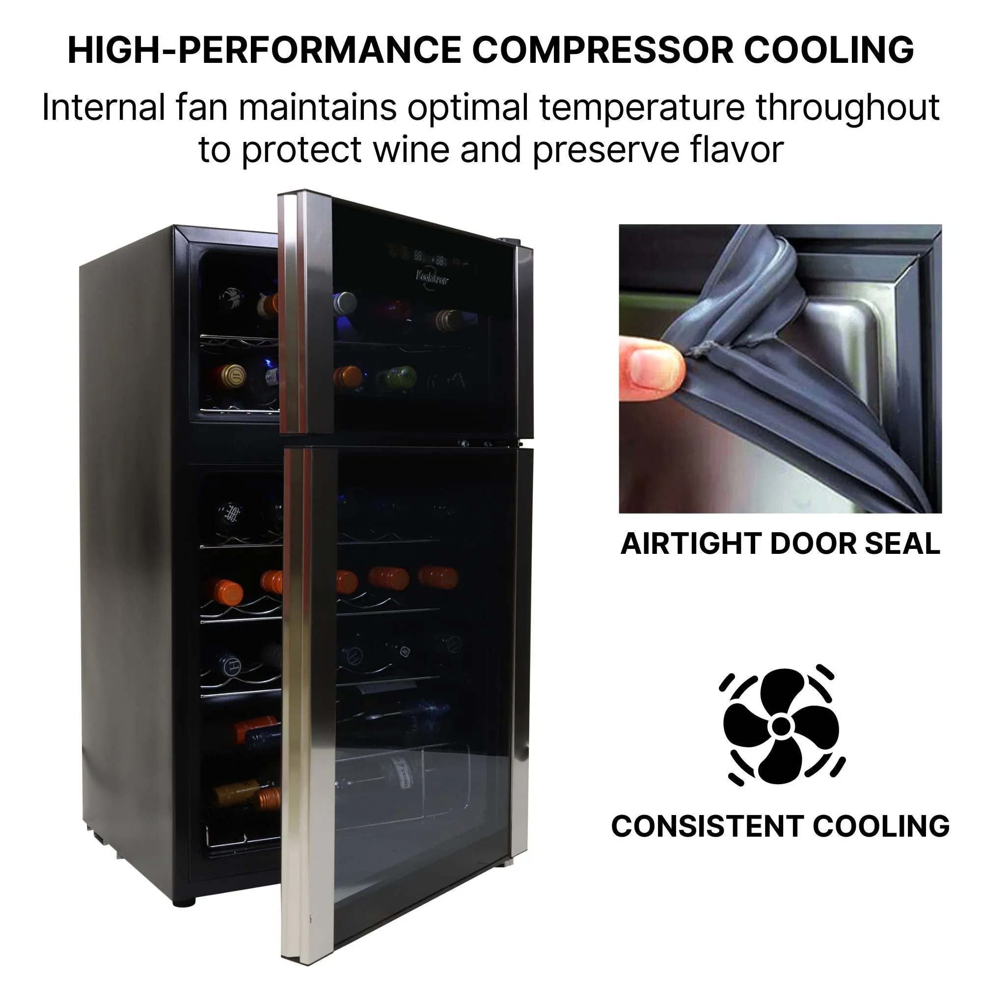 Koolatron 29 Bottle Dual Zone Wine Cooler, Black, 3 cu ft (86L) Compressor Wine Fridge, Freestanding Wine Cellar, Red, White, Sparkling Wine Storage in Home Bar, Kitchen, Apartment, Condo