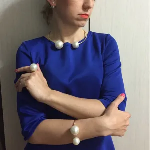 Large Faux Pearl Rhinestone Necklace Bangle Earrings Ring Sets
