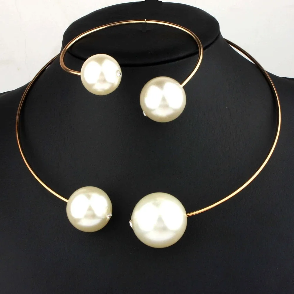 Large Faux Pearl Rhinestone Necklace Bangle Earrings Ring Sets