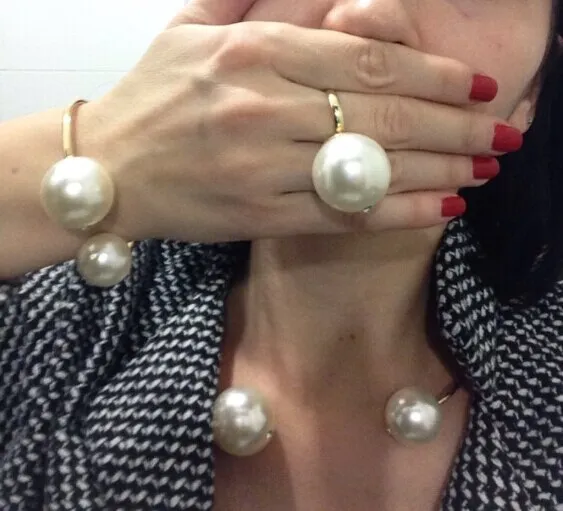 Large Faux Pearl Rhinestone Necklace Bangle Earrings Ring Sets