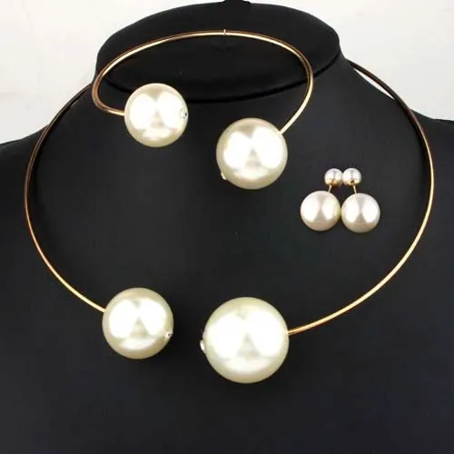 Large Faux Pearl Rhinestone Necklace Bangle Earrings Ring Sets