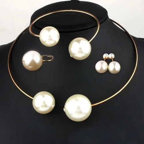 Large Faux Pearl Rhinestone Necklace Bangle Earrings Ring Sets