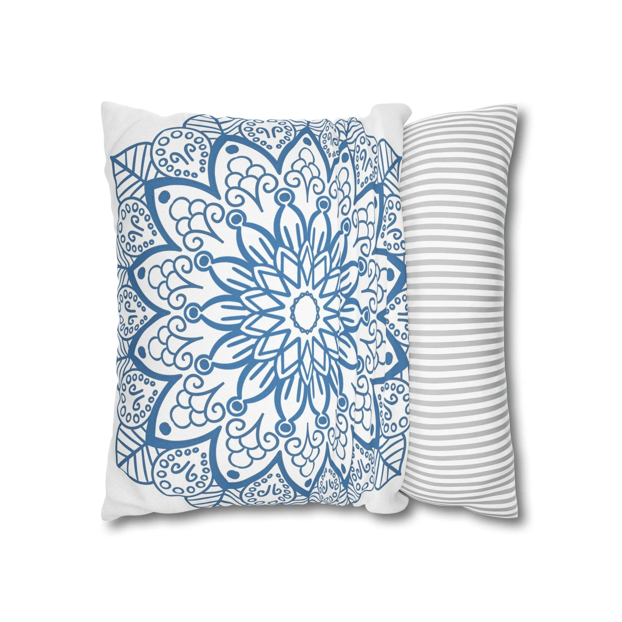 Mandala Art Pillowcase - Handmade Design - Steel Blue on White