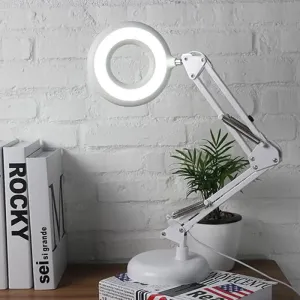 Modern LED Table Lamp with Adjustable Arm - Acrylic Ring Light for Reading in White