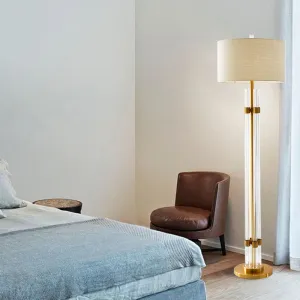 Nordic Crystal Floor Lamp with LED Beige Lighting and Drum Fabric Shade