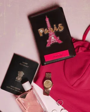 Personalised Black Pink Eiffel Tower Glitter Passport Cover