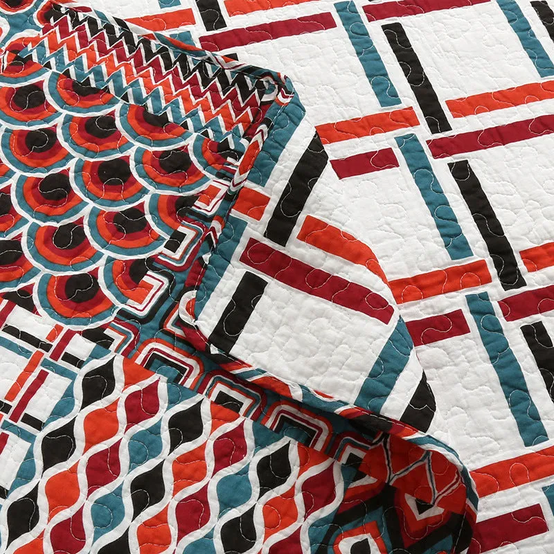 Red Multi Geometrical Cotton 3 Piece Bedspread Bedding Set