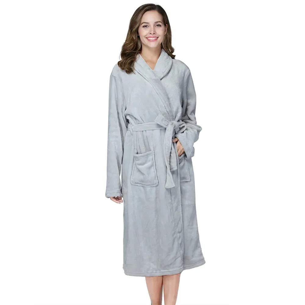 RONGTAI Women's solid color lapel bathrobe autumn and winter models facecloth warm and comfortable long-sleeved robe homewear