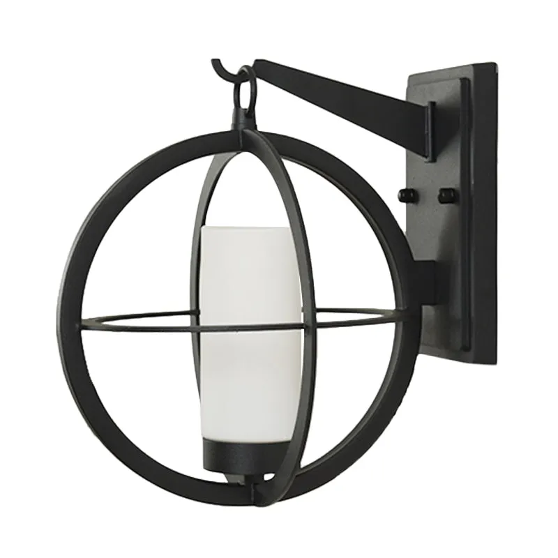 Rustic Black Cylinder Sconce with Frosted Glass and Metal Cage