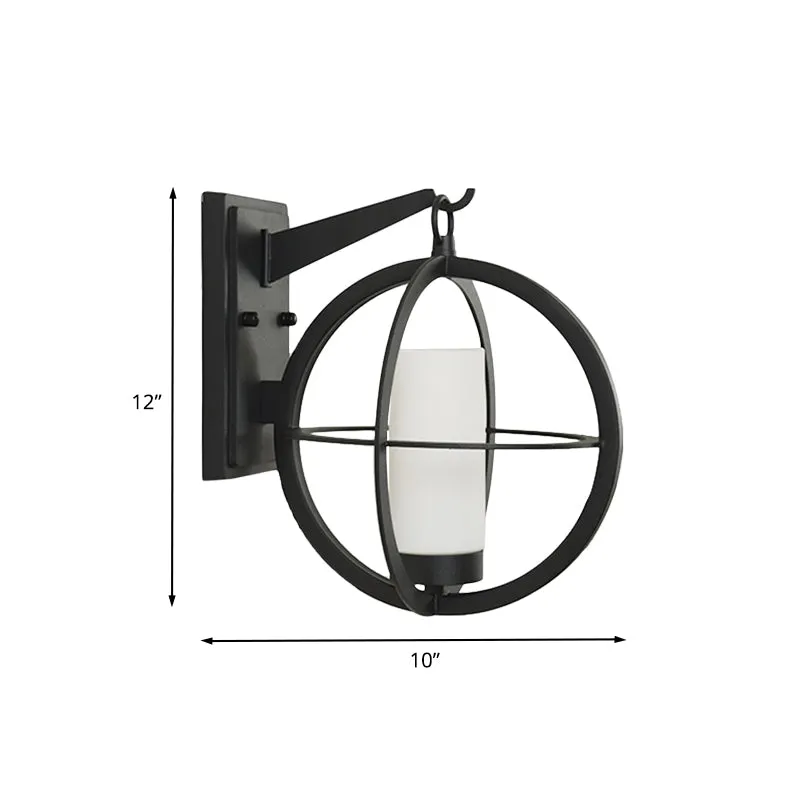 Rustic Black Cylinder Sconce with Frosted Glass and Metal Cage