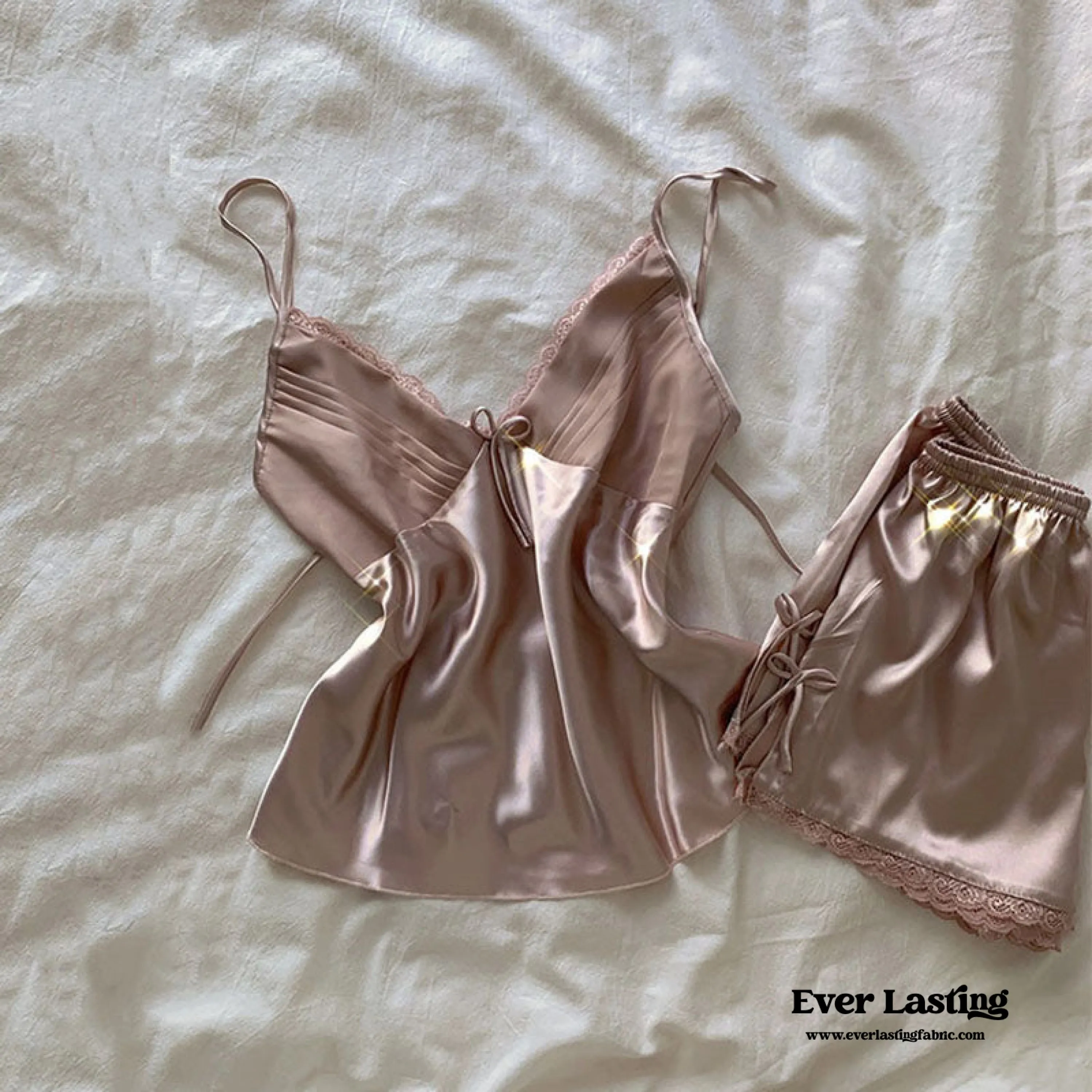 Silky Lace Ribbon Pajama Set / Rust Pink