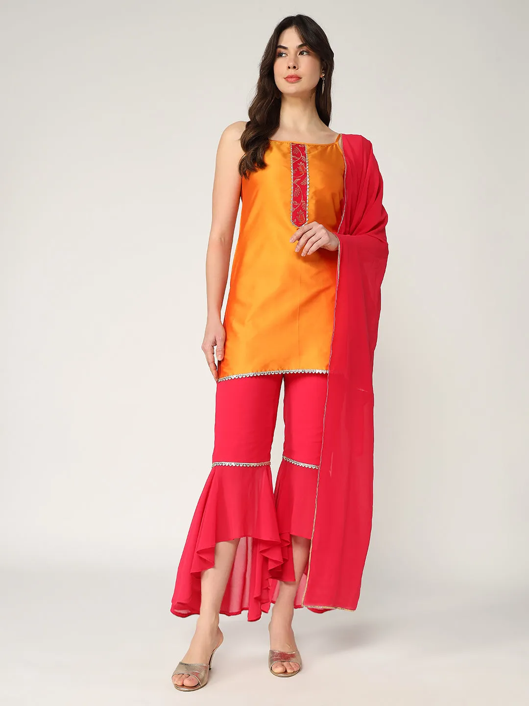 Strappy Kurta With Stylish Palazzo And Matching Dupatta Set With Lace Details