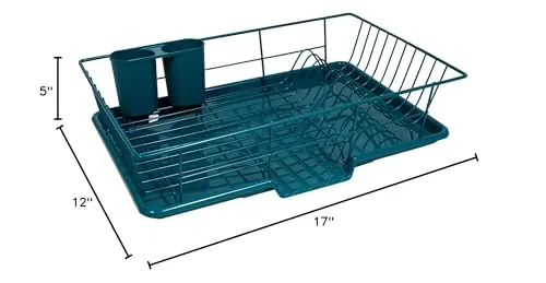 Sweet Home Collection Space-Saving 3-Piece Dish Drainer Rack Set: Efficient Kitchen Organizer for Quick Drying and Storage - Includes Cutlery Holder and Drainboard - Maximize Countertop Space, Teal