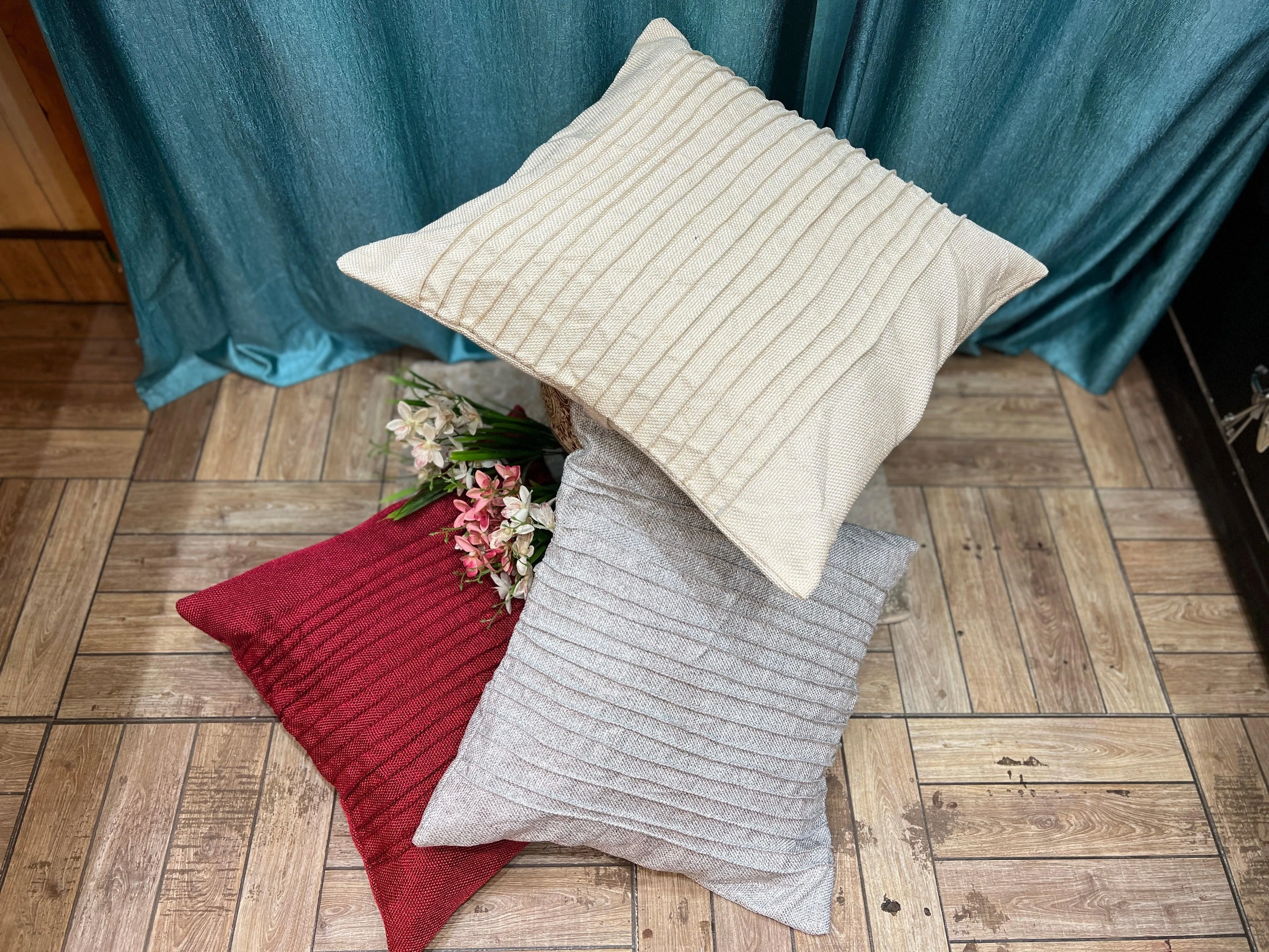 Wooden Twist Fabrahome Abstract Square Jute Cushion Cover Set of 3 ( Multicolor )